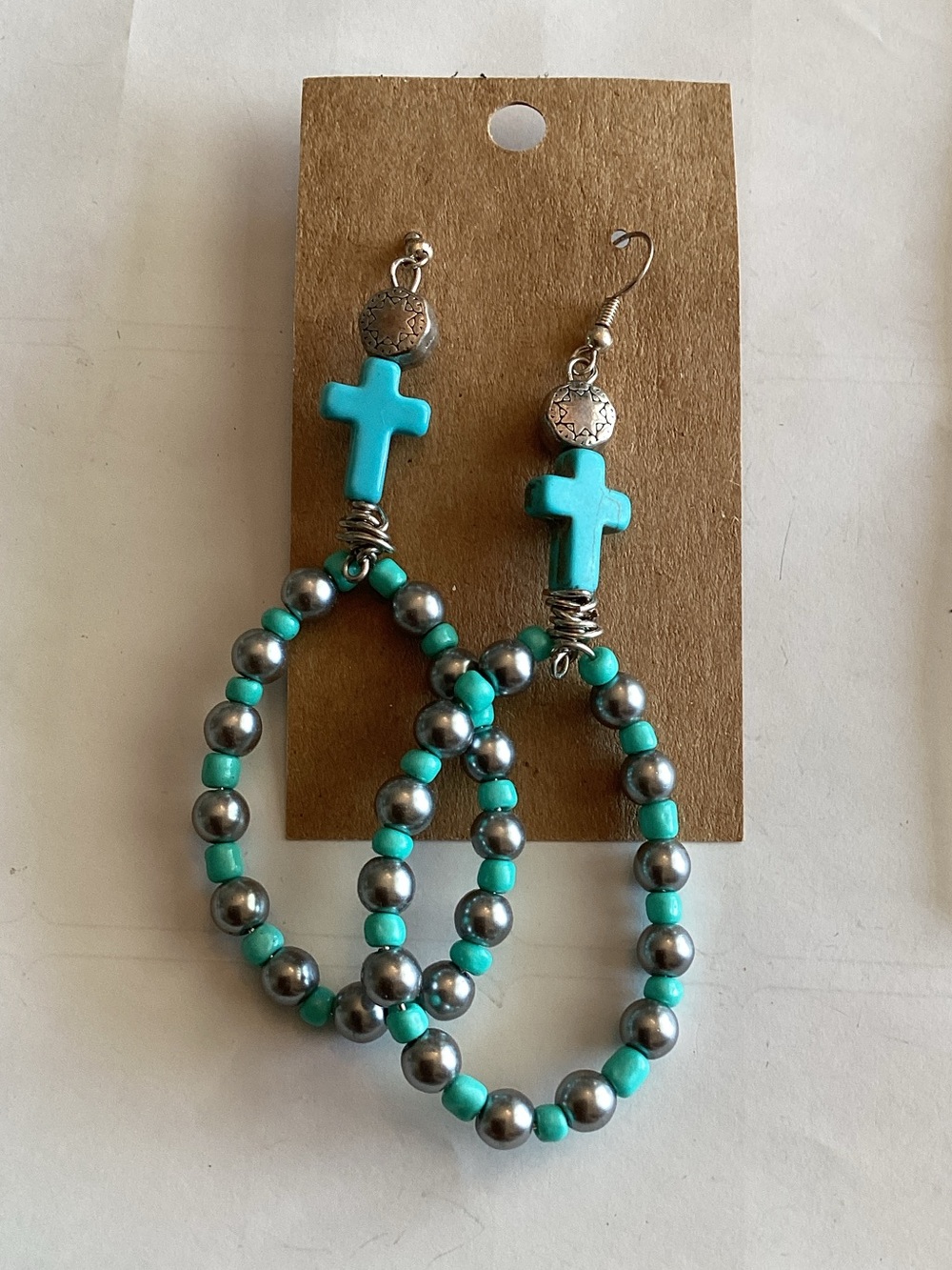 Turquoise Cross Bead Drop Earrings - Unbranded
